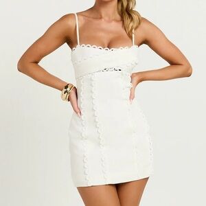 SHOWPO GIGI MINI LINEN BLEND DRESS - SWEETHEART TIE BACK SCALLOP DETAIL DRESS